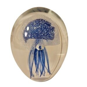 Glass Jellyfish Paperweight Blue Bubbles Tentacles Glows